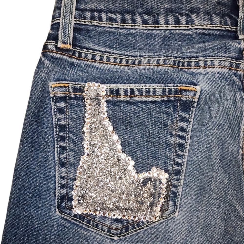 ​VTG Old Navy Y2K Lace Flare Jeans Bedazzled Idaho Star Size 8 Long Custom - Picture 9 of 12